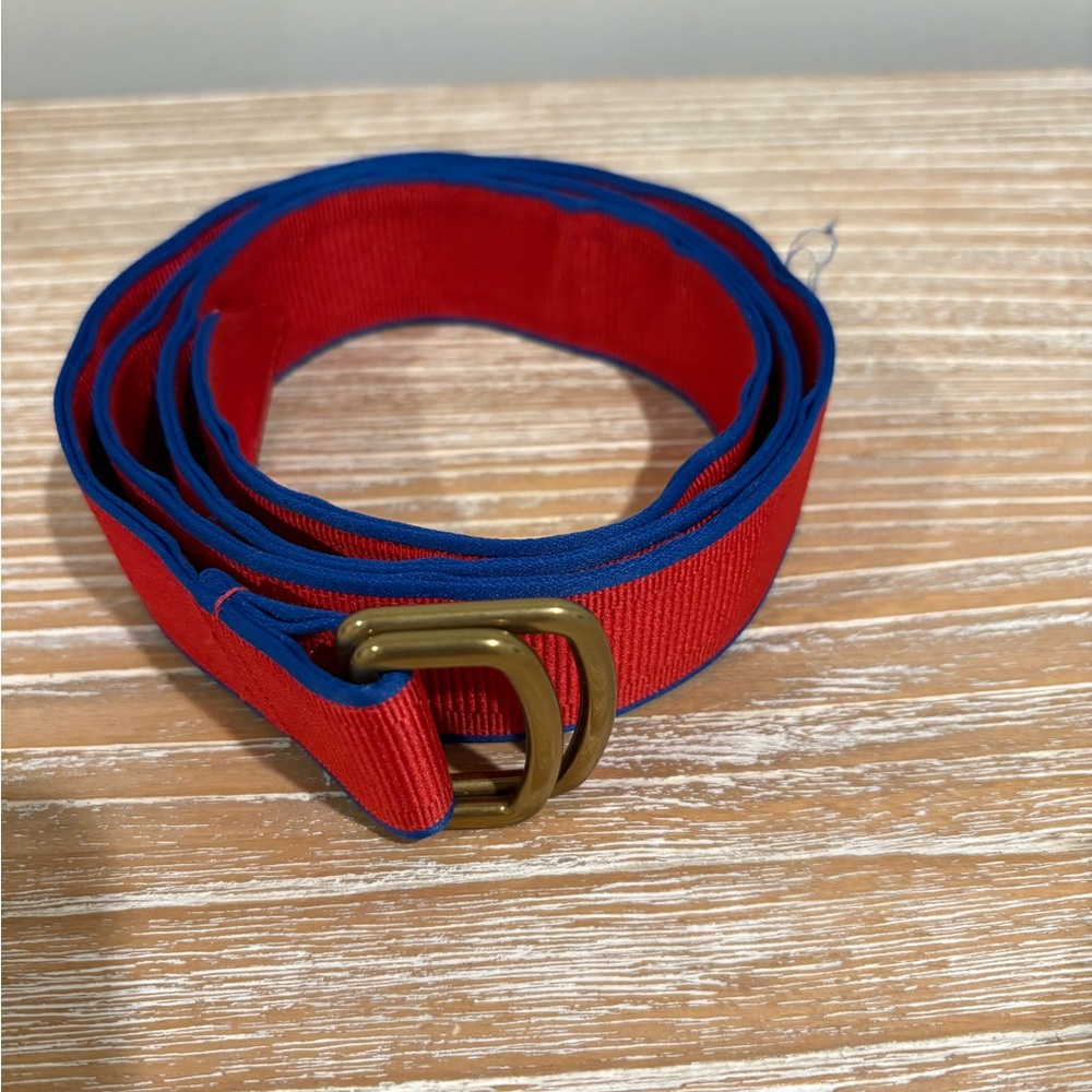 Robert Talbott Red and Blue Ribbon Belt with Gold Buckle